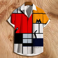 Colorblock Mondrian Art Cat Linen Blend Cozy Shirt elevenforest