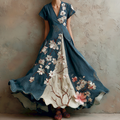Comstylish Women's Retro Japanese Sakura Artistic Linen Short Sleeve Dress