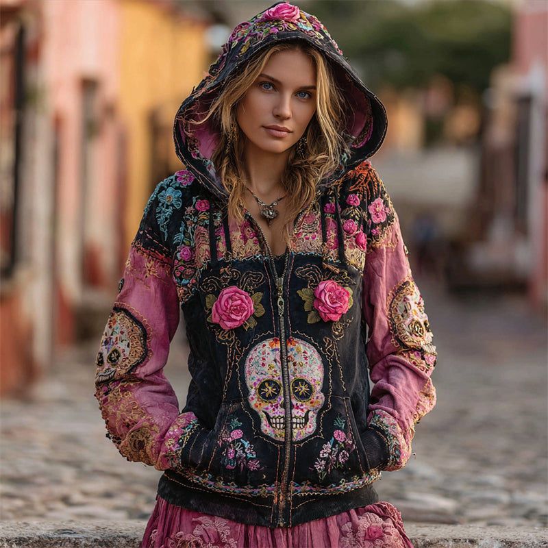 Comstylish Day Of The Dead Sugar Skulls Roses Colorblock Full Zip Hoodie