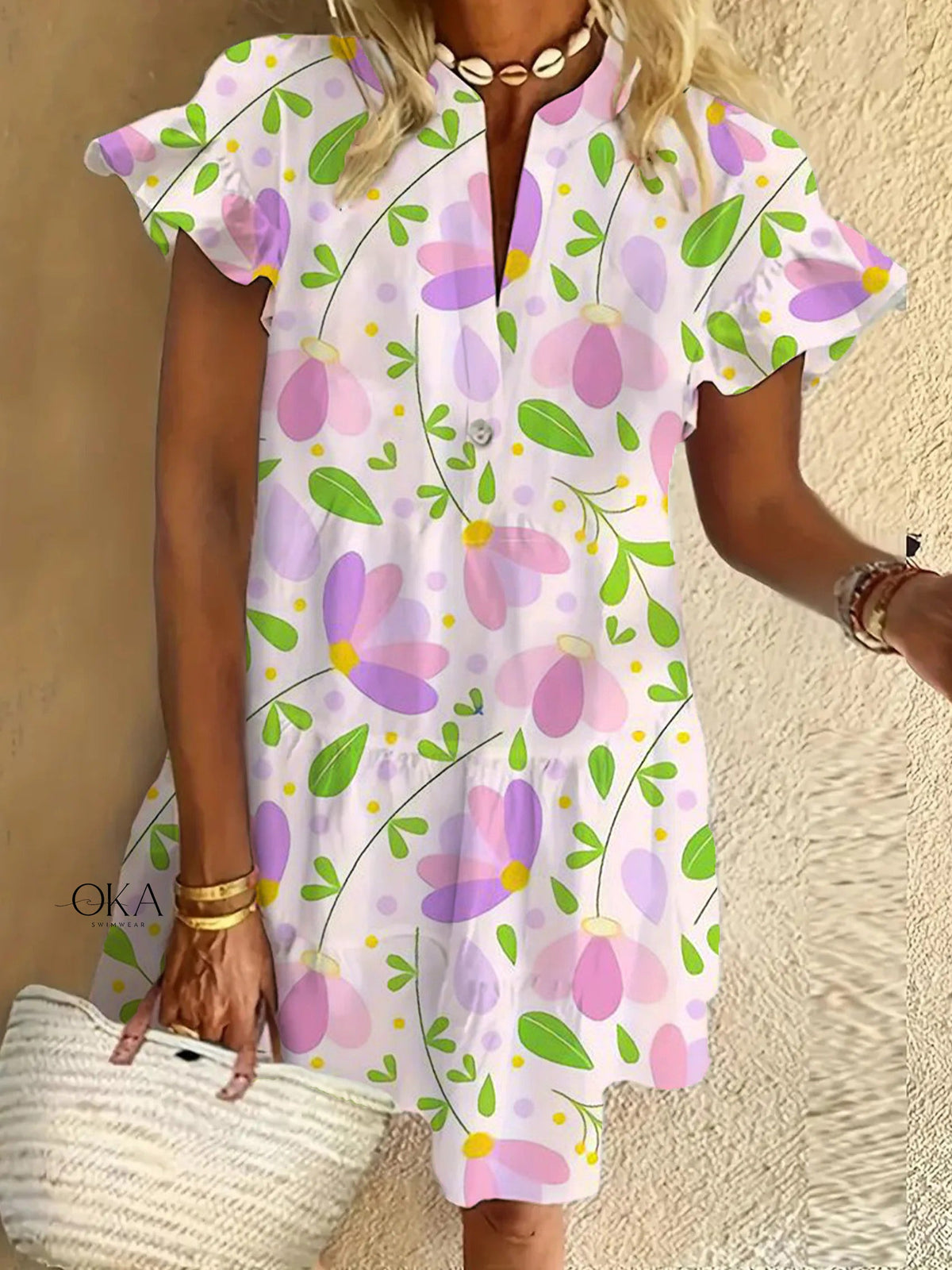 Flower Ruffled Short-sleeved V-neck Buttoned Dress Vacation Beach Dress