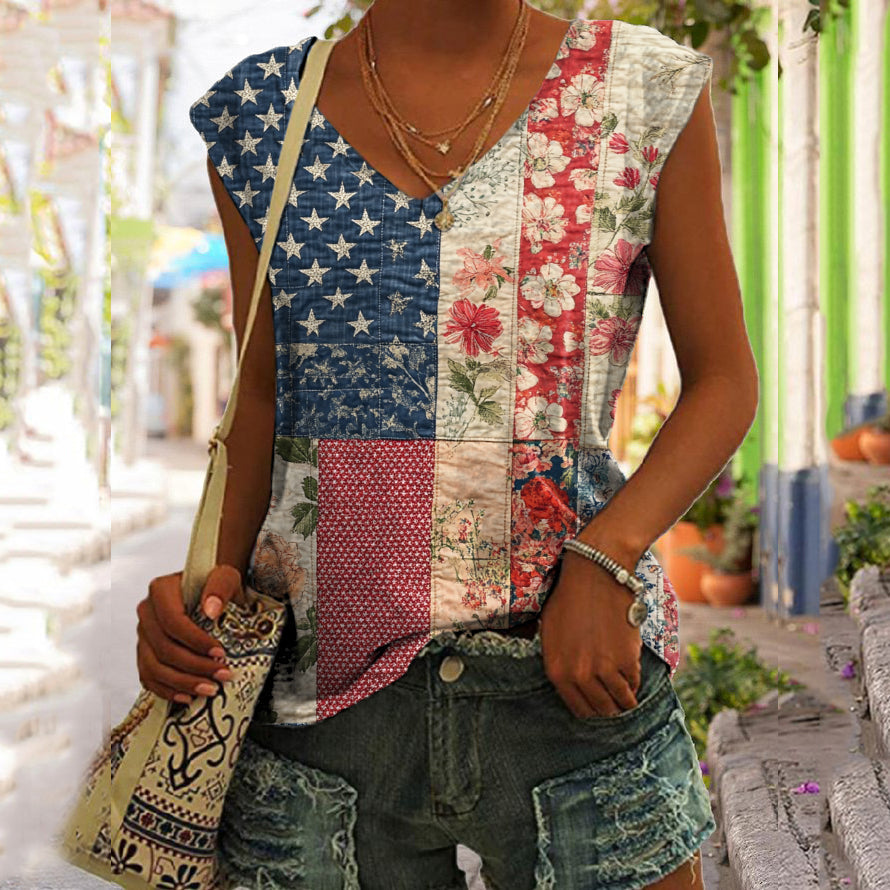 Women's Vintage Independence Day Flag Floral Vest artswardrobe