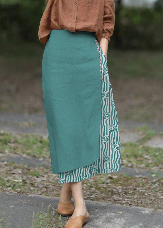 Boutique Green Stripes Asymmetrical Design Elastic Waist a Line Skirts Spring
