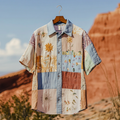 Men's Floral Applique Patchwork Art Casual Short Sleeve Shirts artswardrobe