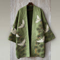 Comstylish Japanese Cranes Pine Trees Embroidered Linen Kimono Cardigan