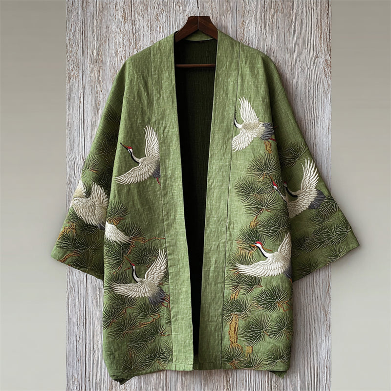 Comstylish Japanese Cranes Pine Trees Embroidered Linen Kimono Cardigan