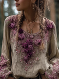 Bohemian Style Round Neck Long Sleeve 3d Purple Flower Design Cotton And Linen Top For Women artswardrobe
