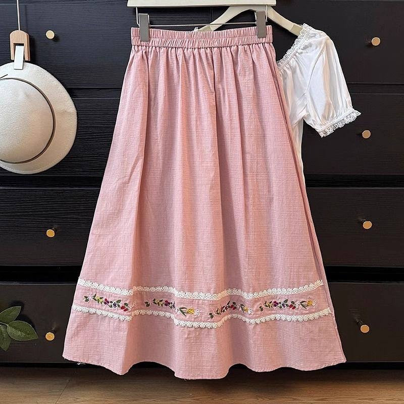 Women's Elegant Lace Flowers Embroidery Art Linen Blend Skirt artswardrobe