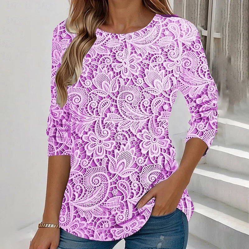 Comstylish Women's Vintage Lace Floral Print Long Sleeve T-shirt