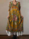 Women's Vintage Floral Embellished Pattern Art Print V-Neck Button Poc