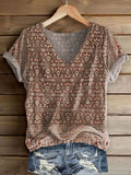 Women's Vintage Ethnic T-shirt with Art Print V-Neck