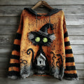 Halloween Black Cat And Castle Embroidered Knitted Warm Hooded Sweater artswardrobe