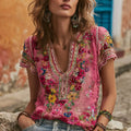 Women's Bohemian Floral Embroidered V-neck Linen T-shirt artswardrobe