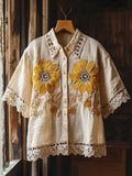 Comstylish Lace Sunflower Embroidery Women's Linen Short Sleeve Shirt