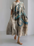Vintage Octopus Art Print Short Sleeve Loose Midi Dress