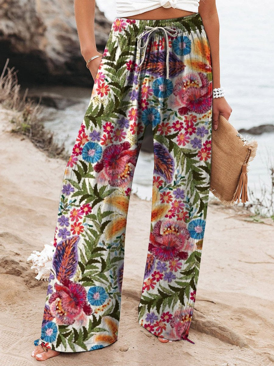 Women's Vintage Lovely Floral Art Printed Cotton And Linen Casual Pants