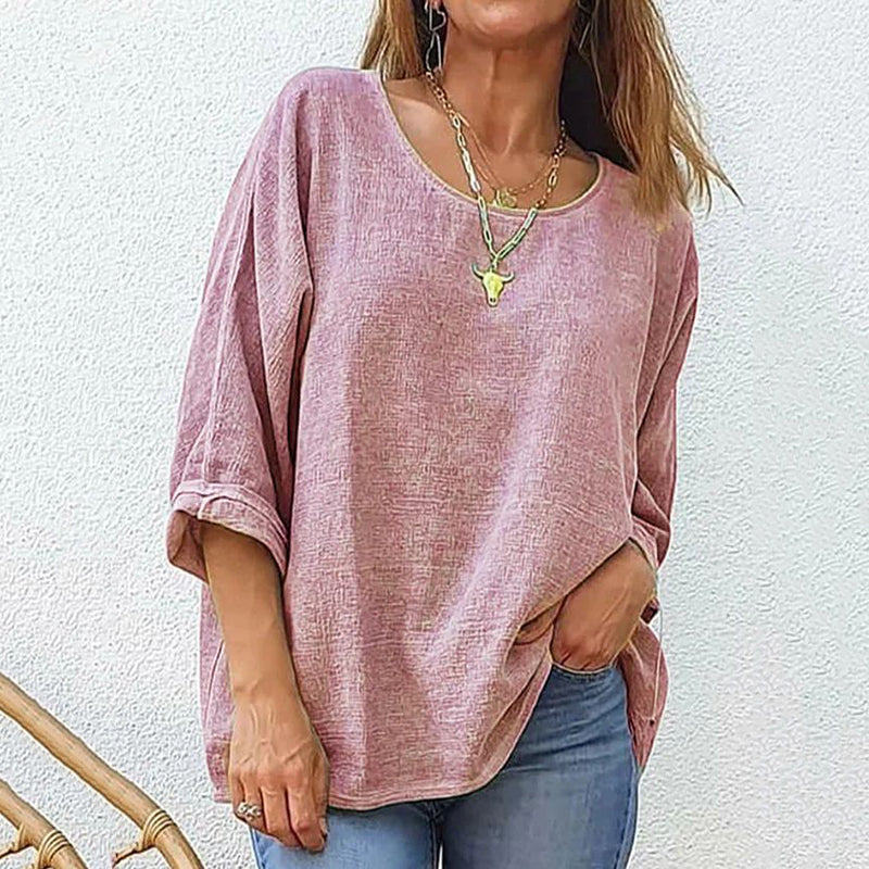 Women's Cotton And Linen Casual Loose Round Neck Long Sleeve T-shirt artswardrobe