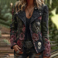Comstylish Rose Skull Embroidered Gothic Rock Lapel Denim Jacket