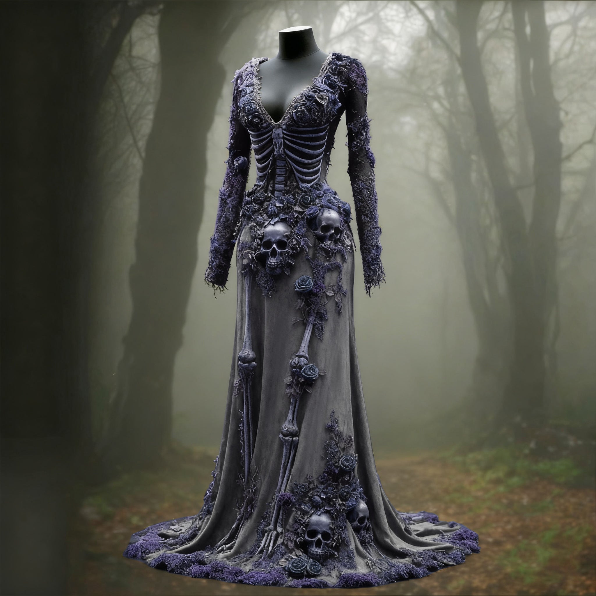 Comstylish Women's Halloween Skull Flower Moss Witch Velvet Maxi Dress