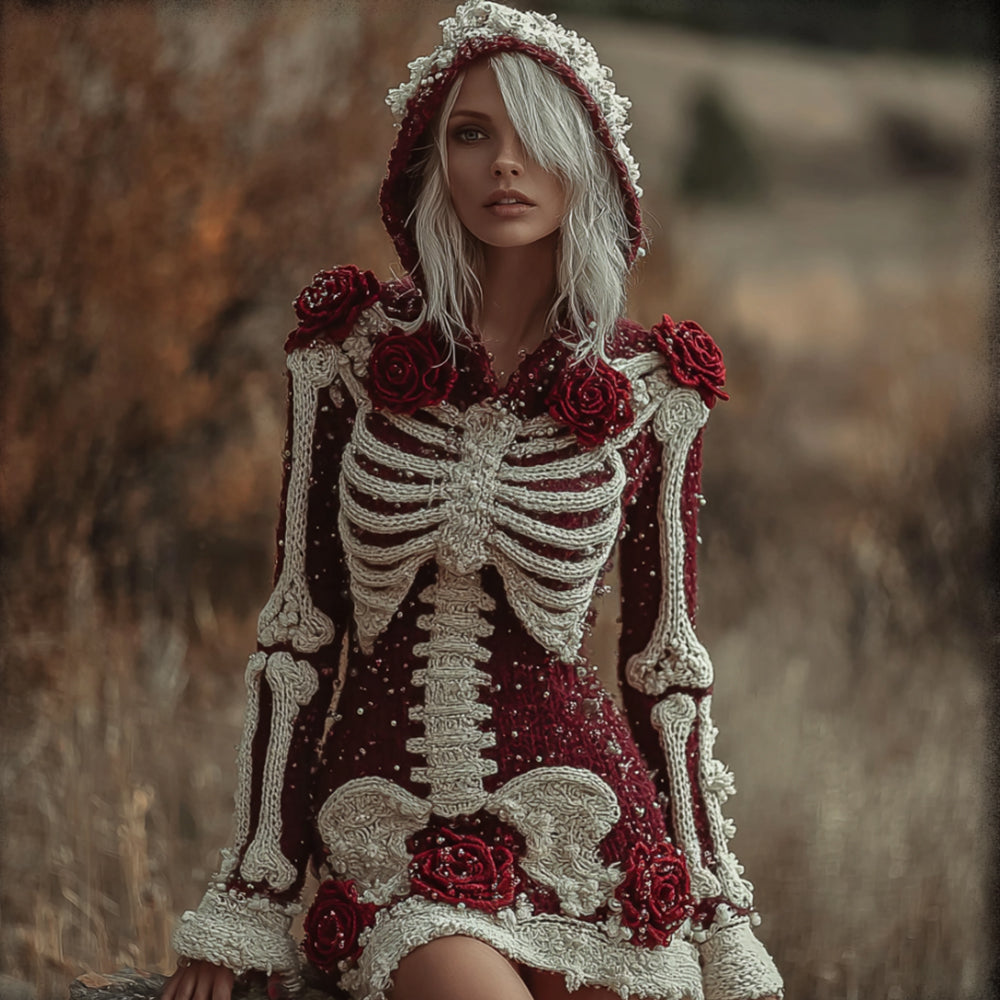 Comstylish Halloween Skeleton And Crimson Rose Glitter Dress