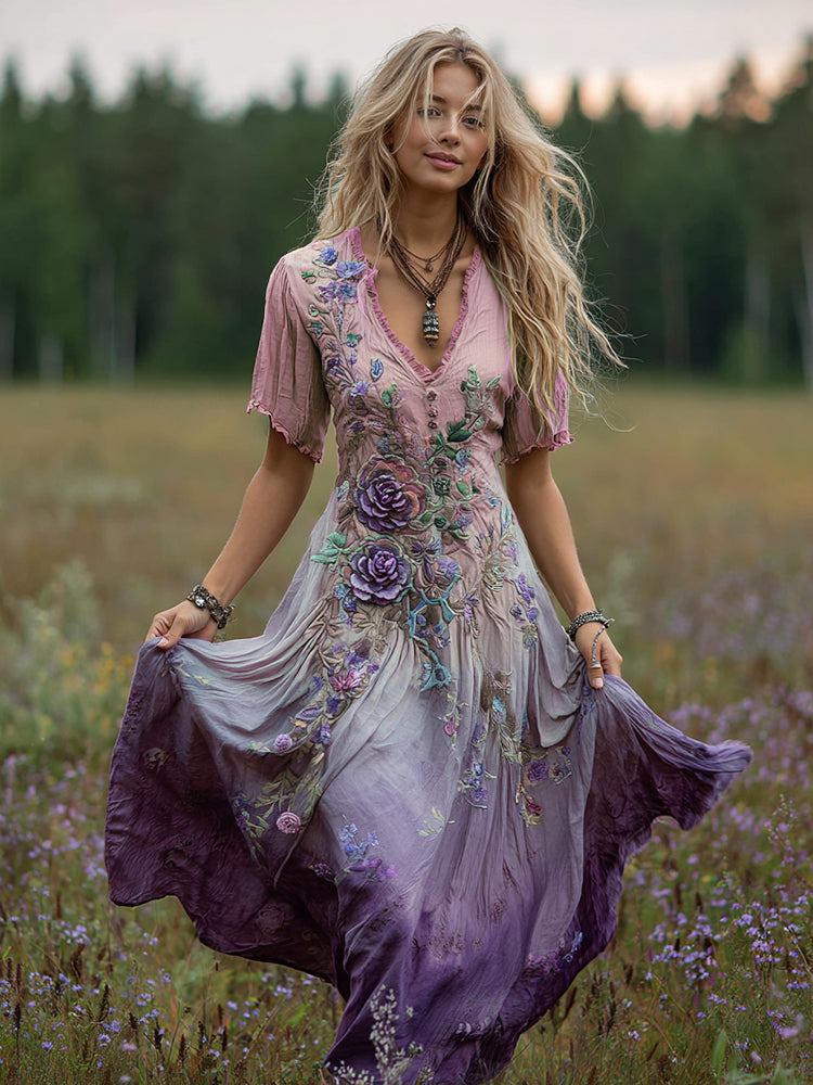 Women's Bohemian Floral Art Gradient Linen Maxi Dress artswardrobe