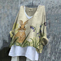 Women's Rabbit Floral Embroidery Linen Blend Shirt artswardrobe