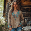 Retro Bohemian Tribal Art Embroidery Print Cotton And Linen V-neck Loose Shirt artswardrobe