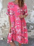 Women's Classic Floral Pattern Round Neck Cotton and Linen Dress