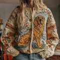 Comstylish Women's Vintage Cute Dog And Floral Art Warm Knit Cardigan