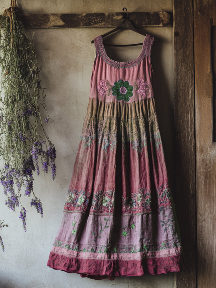 Vintage Bohemian Lavender Embroidery Patchwork Art Sleeveless  Cozy Linen Maxi Dress artswardrobe