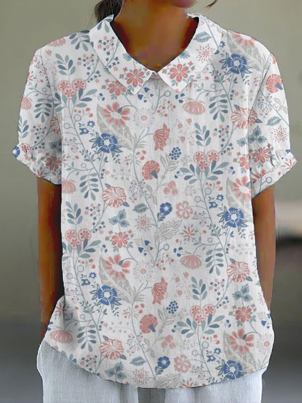 Comstylish Women's Pastoral Floral Art Print Casual Cotton Linen Shirt
