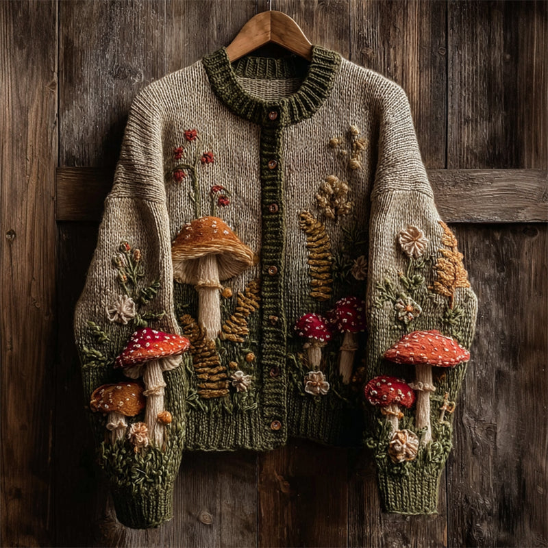 Comstylish Vintage Forest Mushroom Floral Cozy Knit Cardigan