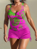 Women's V Neck Contrast Abstract Print Camisole Bikini Drawstring Briefs Set Swimsuit