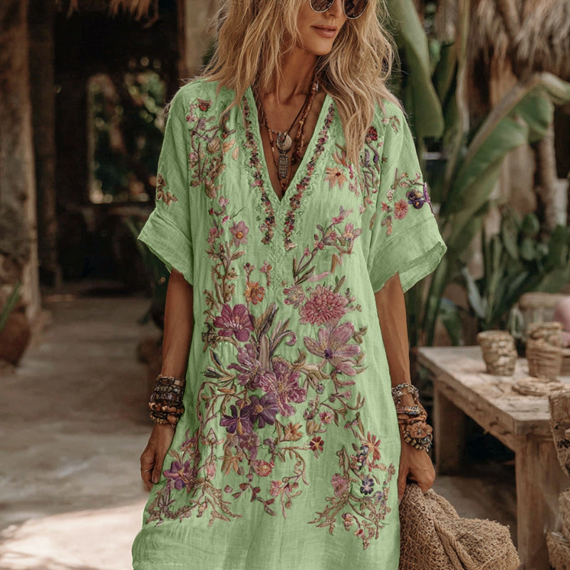 Comstylish Women's Floral Embroidery Art V Neck Comfy Midi Dress