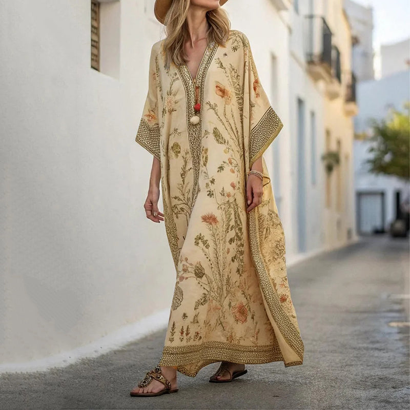 Comstylish Long Sleeve Kaftan Linen Vacation Maxi Dress