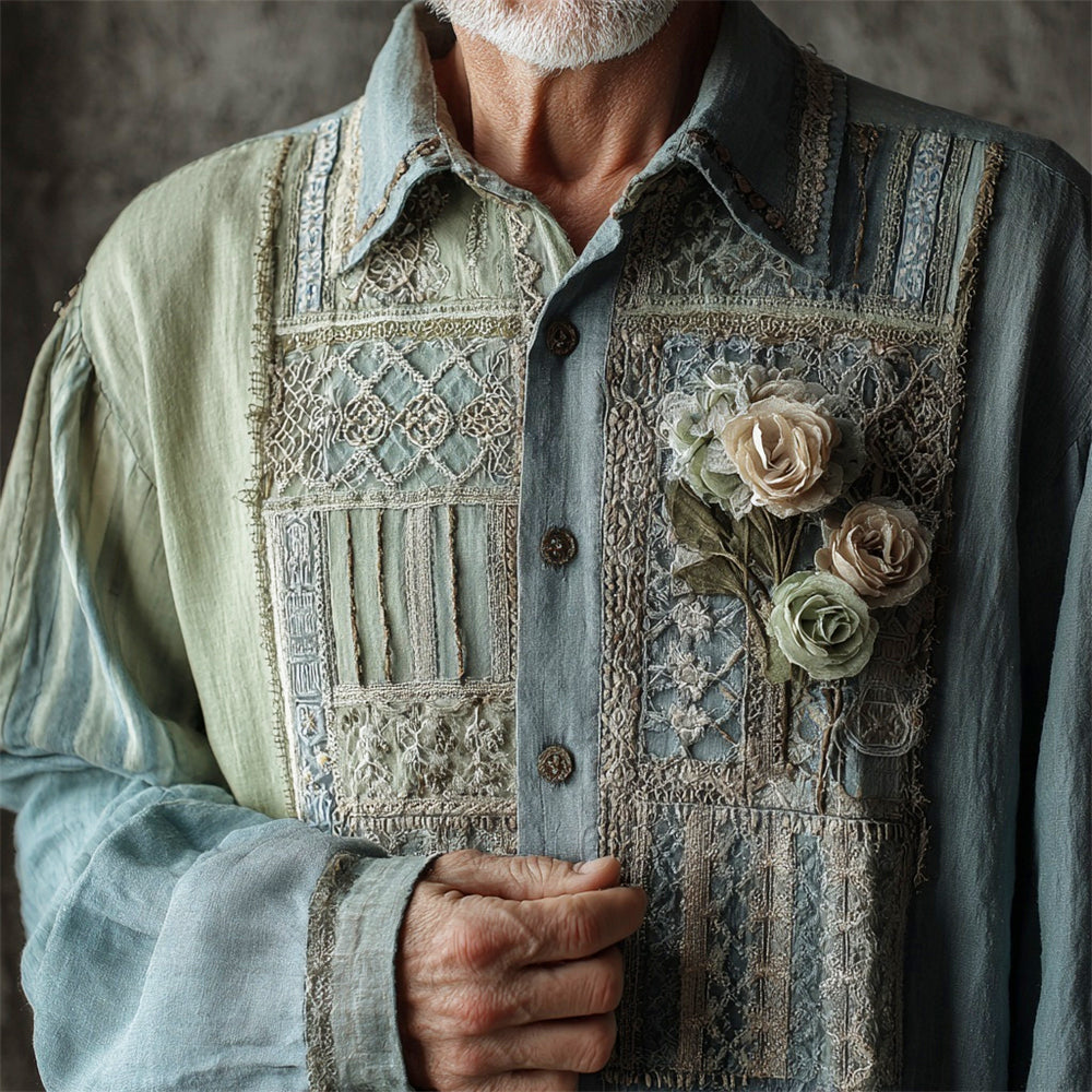 Boho Vintage Lace Floral Patchwork Art Men's Linen Long Sleeve Shirt artswardrobe