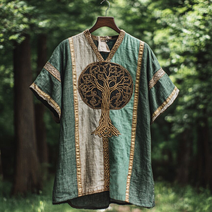 Men's Viking Celtic Knot Tree Of Life Art  Patchwork Linen T Shirt artswardrobe