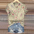 Women's Vintage Perlis Floral Art Print V-neck Casual T-Shirt