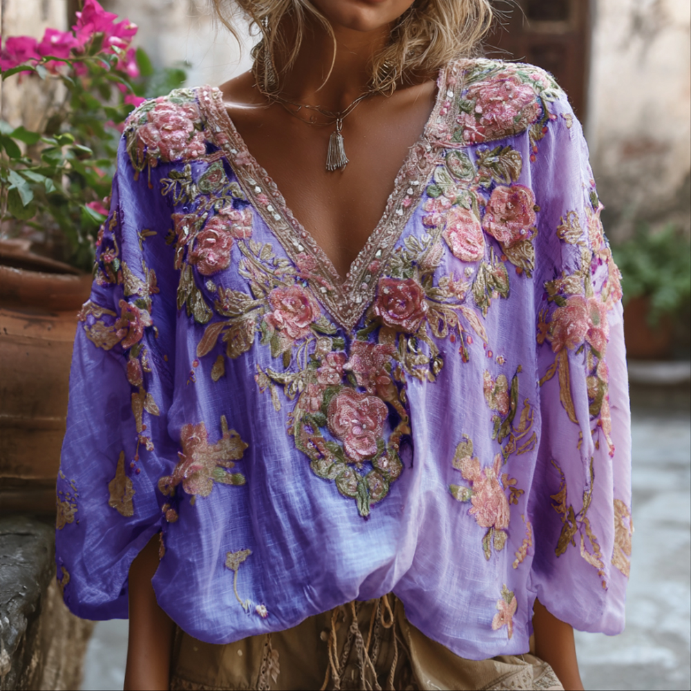 Comstylish Bohemian Three-dimensional Pink Floral Sequin V-neck Long-sleeved Top