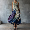 Classy Gradient Japanese Sakura Cherry Blossoms Embroidered Pattern Linen Round Neck Long Dress artswardrobe