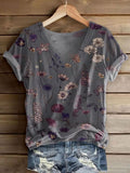 Women's Vintage Floral Art Print V-neck Casual T-Shirt