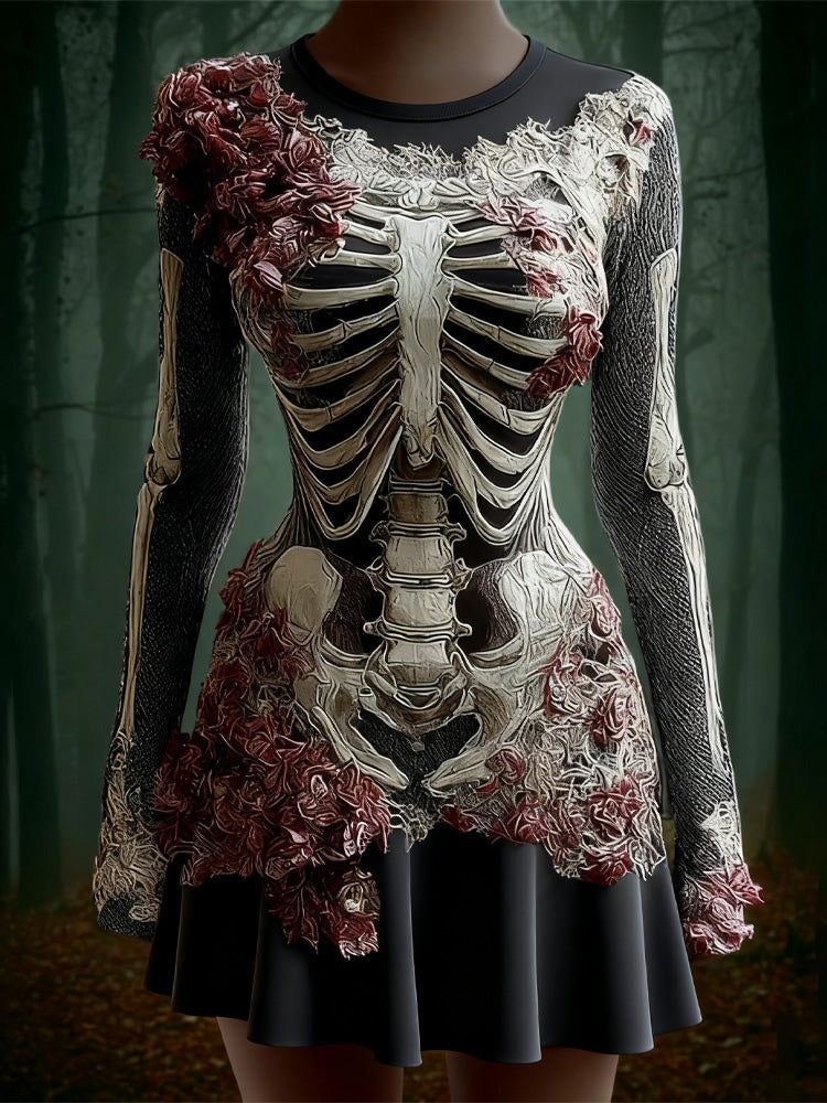 Comstylish Women's Halloween Skull Flowers Moss Witch Midi Dress