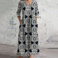 Geometric Print V-neck Linen Blend Midi Dress artswardrobe