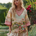 Women's Scenery Oil Painting Embroidery Patchwork Comfy Middle Sleeve Shirt artswardrobe
