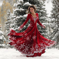 Comstylish Christmas Sparkling Snowflakes Art Women's V-neck Flannel Long Dress