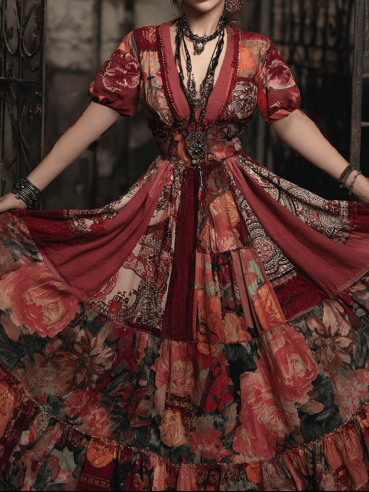 Bohemian-style Floral Rose V-neck Patchwork Dress artswardrobe