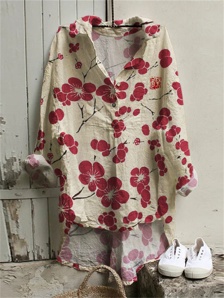 Comstylish Cherry Blossom Japanese Lino Art Woven Tunic
