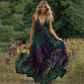 Vintage Purple Floral Embroidered Gradient Art Linen Maxi Dress artswardrobe