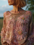 Comstylish Vintage Pink Daisies Glitter Embroidered Dyed Linen Tunic