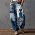 Vintage Cat Floral Fiber Art Patchwork Flowy Linen Pants