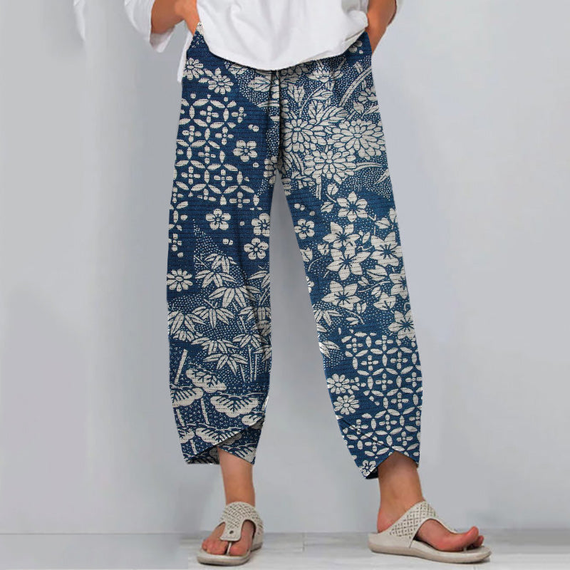Comstylish Vintage Japanese Art Flower Print Casual Pants